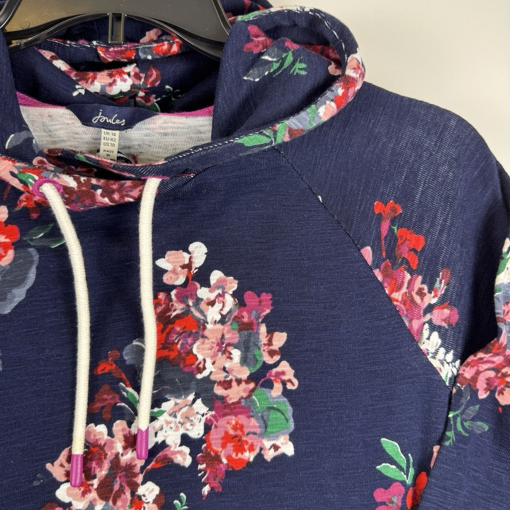 Joules Marlston Print Navy Floral Striped Cuff Hoodie Womens Size 10 NEW 218175